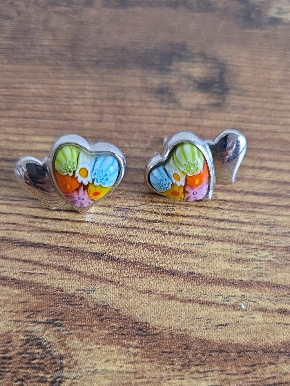 Alan K Sterling Silver 925 Italian Millefiori Murano Glass Heart Ring Earrings